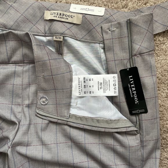 NWT Liverpool Women's trousers with Self Belt Taupe Grey Mauve Windowpane Plaid - Picture 9 of 14